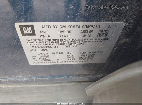 KL79MMS20MB137092 2021 CHEVROLET TRAILBLAZER Синий Вид подкапотного пространства