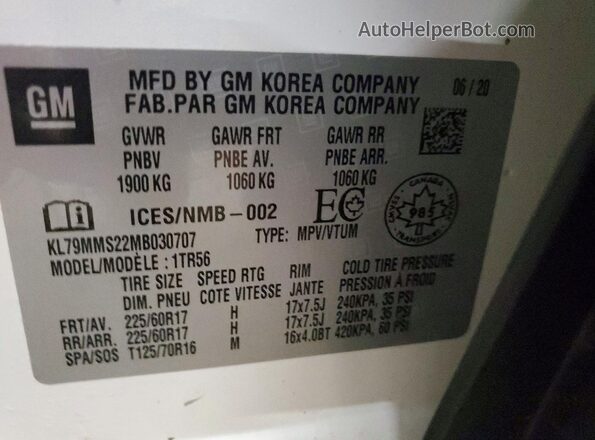 KL79MMS22MB030707 2021 CHEVROLET TRAILBLAZER Белый Вид наклейки с VIN-кодом