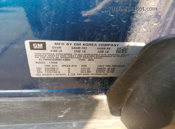 KL79MMS22MB143802 2021 CHEVROLET TRAILBLAZER Синий Вид наклейки с VIN-кодом