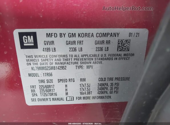 KL79MMS25MB142952 2021 CHEVROLET TRAILBLAZER Red Շարժիչի բաժամունքի տեսք