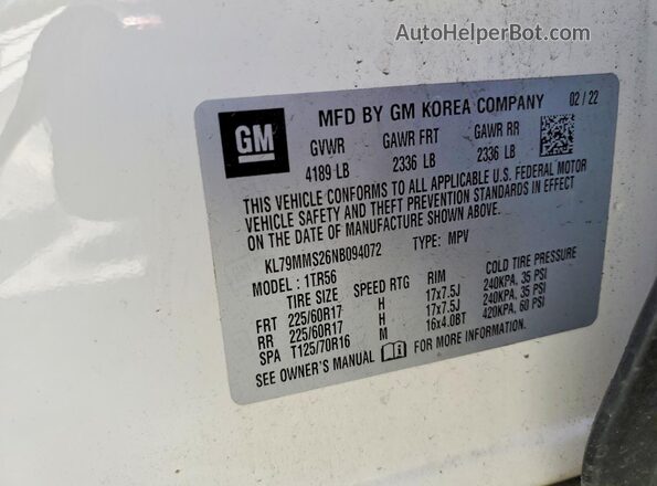 KL79MMS26NB094072 2022 CHEVROLET TRAILBLAZER White VIN sticker view