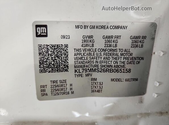 KL79MMS26RB065158 2024 CHEVROLET TRAILBLAZER White VIN կոդի պիտակի տեսք