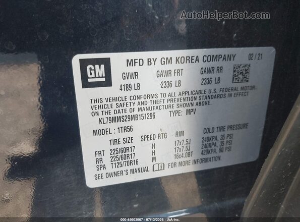 KL79MMS29MB151296 2021 CHEVROLET TRAILBLAZER Blue ძრავის განყოფილების ხედი
