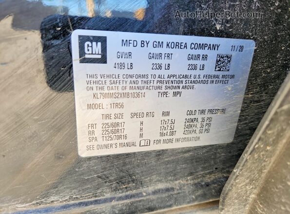 KL79MMS2XMB103614 2021 CHEVROLET TRAILBLAZER Black Vista de la etiqueta del VIN