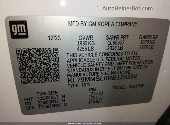 KL79MMSL0RB125394 2024 CHEVROLET TRAILBLAZER Белый Вид подкапотного пространства
