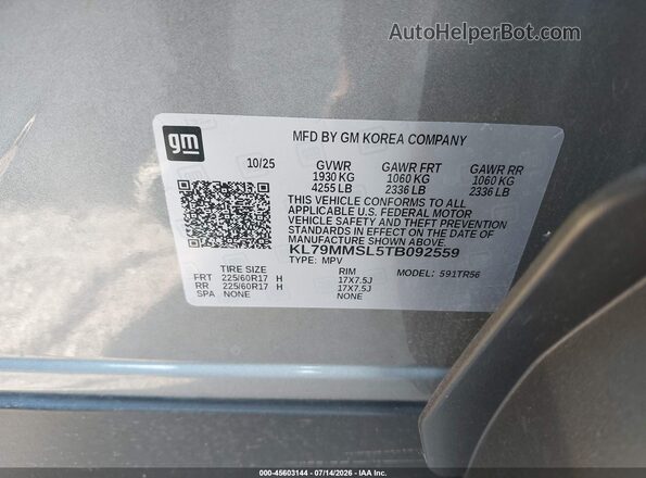 KL79MMSL5TB092559 2026 CHEVROLET TRAILBLAZER Gray Widok komory silnika