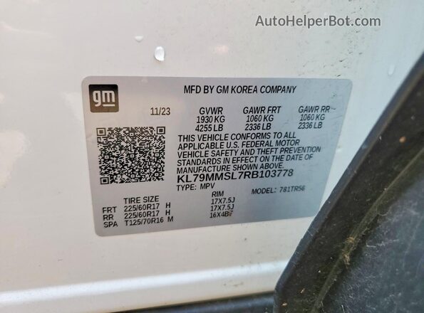 KL79MMSL7RB103778 2024 CHEVROLET TRAILBLAZER White VIN կոդի պիտակի տեսք