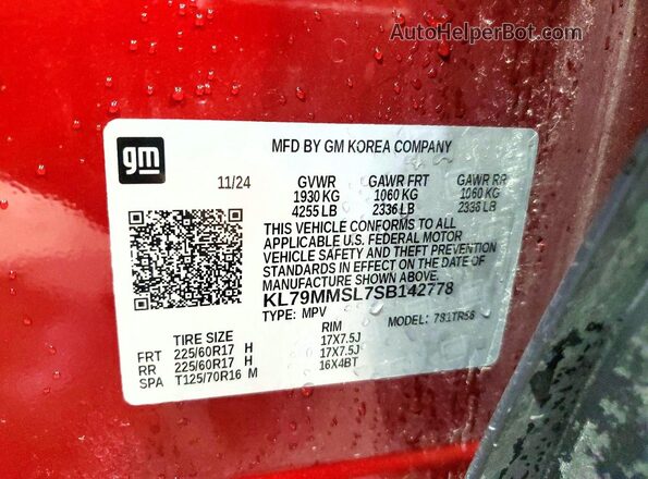 KL79MMSL7SB142778 2025 CHEVROLET TRAILBLAZER Red VIN sticker view