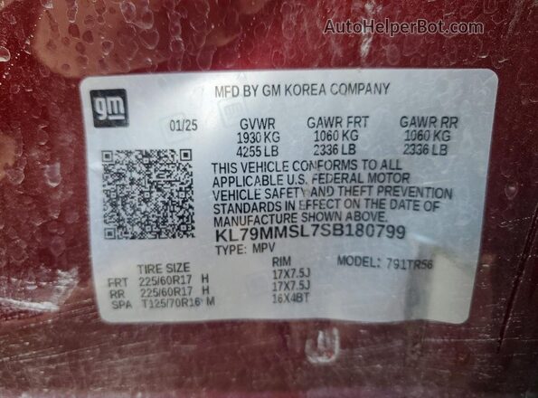 KL79MMSL7SB180799 2025 CHEVROLET TRAILBLAZER Maroon Вид наклейки з VIN-кодом