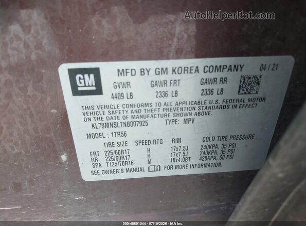 KL79MNSL7NB007925 2022 CHEVROLET TRAILBLAZER Brown Вид підкапотного простору