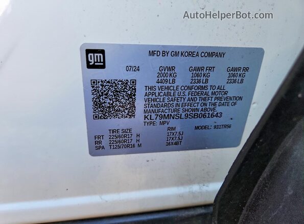 KL79MNSL9SB061643 2025 CHEVROLET TRAILBLAZER Белый Панорамный вид салона 360°