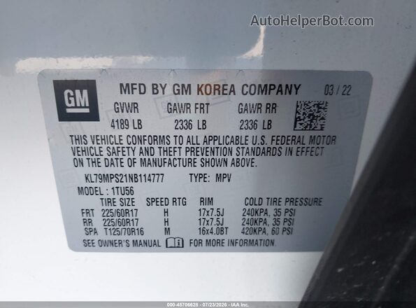 KL79MPS21NB114777 2022 CHEVROLET TRAILBLAZER White Вид підкапотного простору