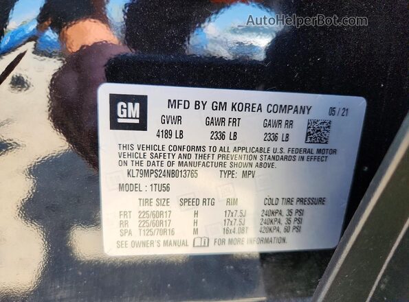 KL79MPS24NB013765 2022 CHEVROLET TRAILBLAZER Черный Вид наклейки с VIN-кодом