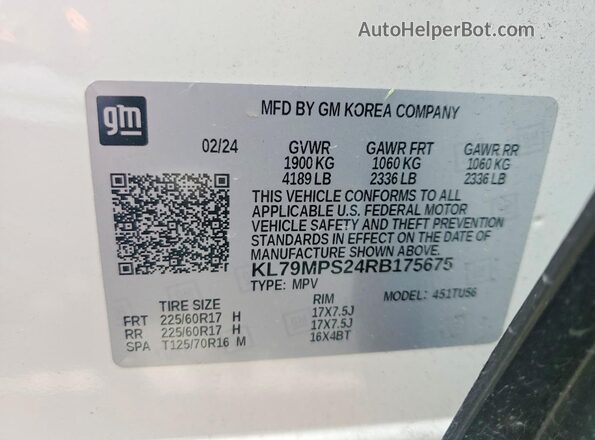 KL79MPS24RB175675 2024 CHEVROLET TRAILBLAZER White VIN კოდის სტიკერის ხედი