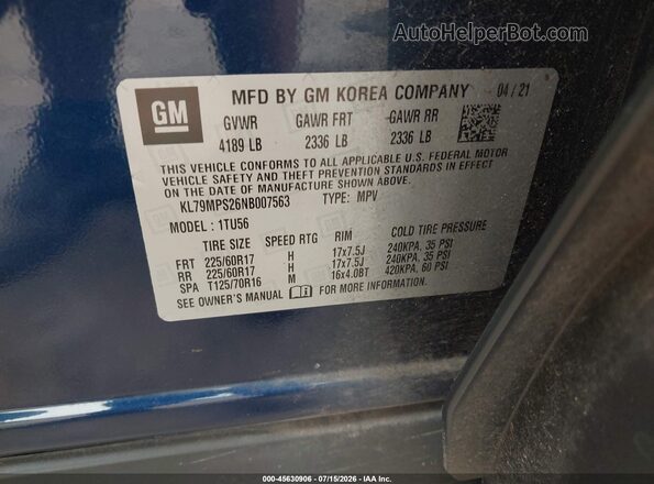KL79MPS26NB007563 2022 CHEVROLET TRAILBLAZER Blue Widok komory silnika