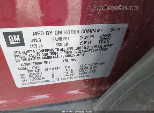 KL79MPS26NB125497 2022 CHEVROLET TRAILBLAZER Темно-бордовый Вид подкапотного пространства