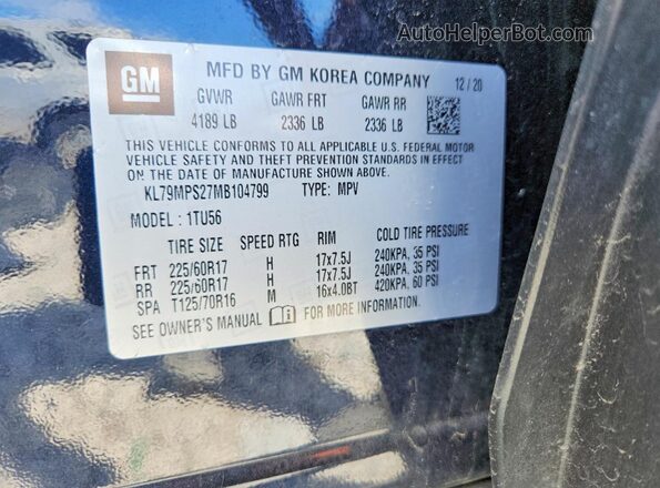 KL79MPS27MB104799 2021 CHEVROLET TRAILBLAZER Blue VIN sticker view