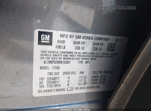 KL79MPS29MB155561 2021 CHEVROLET TRAILBLAZER Gray Շարժիչի բաժամունքի տեսք