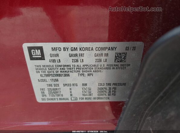 KL79MPS2XMB013896 2021 CHEVROLET TRAILBLAZER Red Engine compartment view