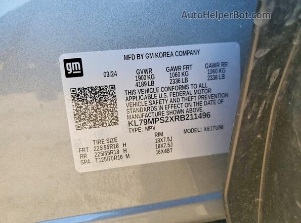 KL79MPS2XRB211496 2024 CHEVROLET TRAILBLAZER Silver Вид наклейки з VIN-кодом