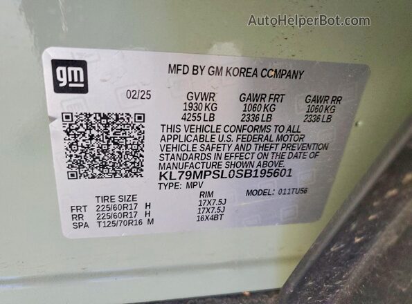 KL79MPSL0SB195601 2025 CHEVROLET TRAILBLAZER Green VIN կոդի պիտակի տեսք