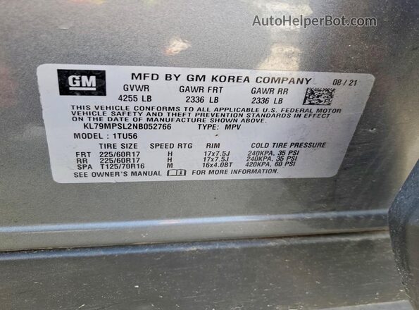 KL79MPSL2NB052766 2022 CHEVROLET TRAILBLAZER Gray Widok naklejki z numerem VIN