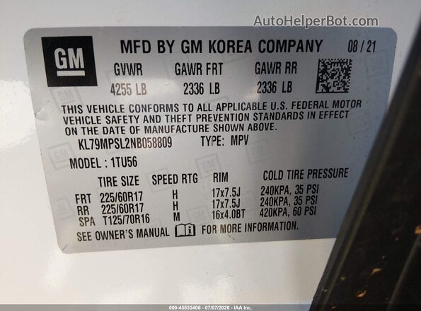 KL79MPSL2NB058809 2022 CHEVROLET TRAILBLAZER White Vista del compartimento del motor