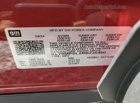 KL79MPSL2RB216460 2024 CHEVROLET TRAILBLAZER Burgundy VIN sticker view