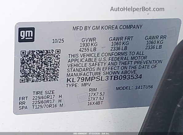 KL79MPSL3TB093534 2026 CHEVROLET TRAILBLAZER White Widok komory silnika