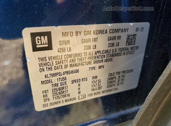 KL79MPSL4PB046406 2023 CHEVROLET TRAILBLAZER Blue VIN կոդի պիտակի տեսք