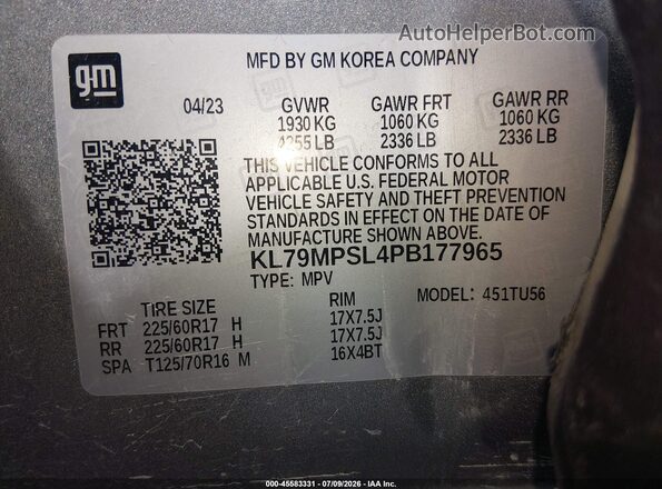 KL79MPSL4PB177965 2023 CHEVROLET TRAILBLAZER Gray Vista del compartimento del motor