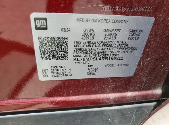 KL79MPSL4RB196311 2024 CHEVROLET TRAILBLAZER Burgundy VIN կոդի պիտակի տեսք