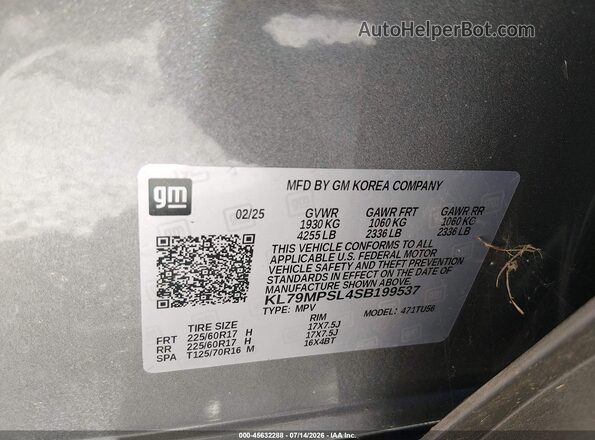 KL79MPSL4SB199537 2025 CHEVROLET TRAILBLAZER Gray Widok komory silnika