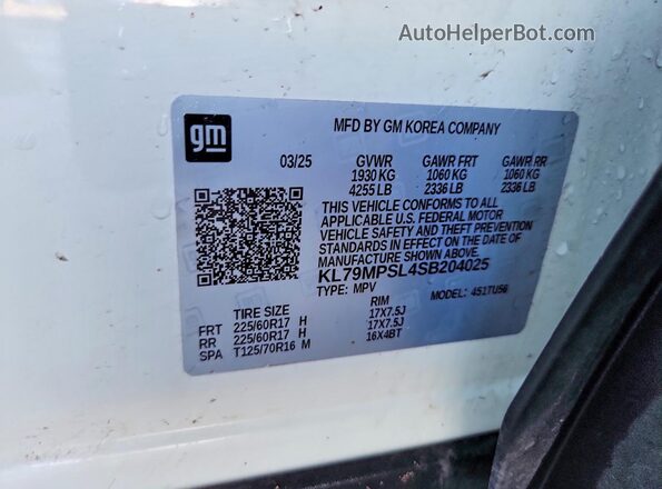 KL79MPSL4SB204025 2025 CHEVROLET TRAILBLAZER Белый Вид наклейки с VIN-кодом