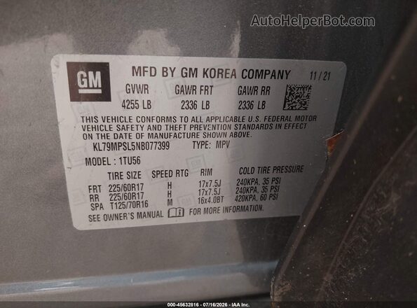 KL79MPSL5NB077399 2022 CHEVROLET TRAILBLAZER Gray Vista del compartimento del motor