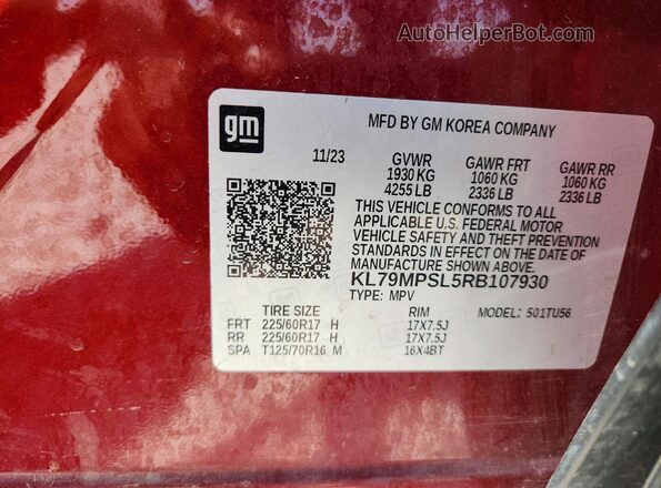 KL79MPSL5RB107930 2024 CHEVROLET TRAILBLAZER Red VIN կոդի պիտակի տեսք