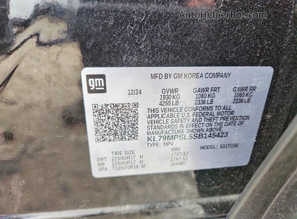 KL79MPSL5SB145423 2025 CHEVROLET TRAILBLAZER Black Widok naklejki z numerem VIN