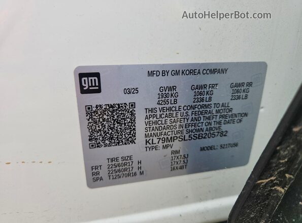 KL79MPSL5SB205782 2025 CHEVROLET TRAILBLAZER White Vista interior de 360 grados