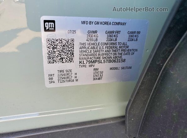 KL79MPSL5TB063158 2026 CHEVROLET TRAILBLAZER Teal Vista de la etiqueta del VIN