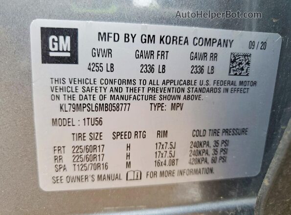 KL79MPSL6MB058777 2021 CHEVROLET TRAILBLAZER Gray Widok naklejki z numerem VIN