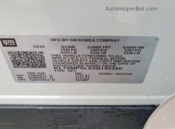 KL79MPSL8SB185320 2025 CHEVROLET TRAILBLAZER White VIN კოდის სტიკერის ხედი