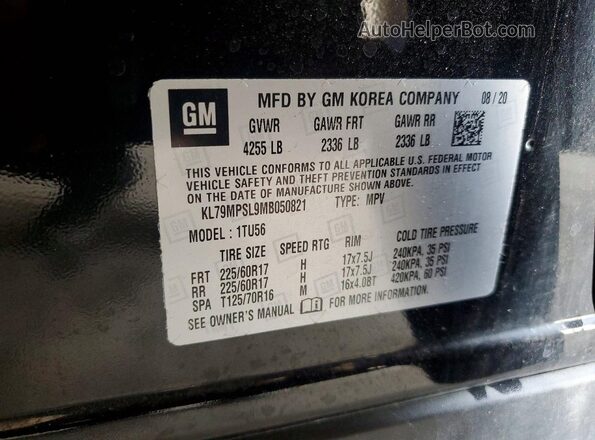 KL79MPSL9MB050821 2021 CHEVROLET TRAILBLAZER Black Widok naklejki z numerem VIN