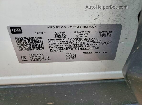 KL79MPSL9RB114198 2024 CHEVROLET TRAILBLAZER White Вид наклейки з VIN-кодом