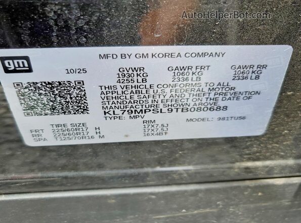 KL79MPSL9TB080688 2026 CHEVROLET TRAILBLAZER Black Vista interior de 360 grados