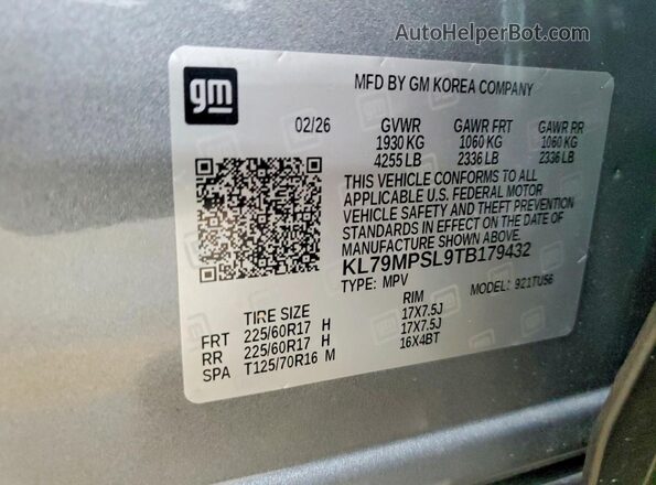 KL79MPSL9TB179432 2026 CHEVROLET TRAILBLAZER Gray Вид наклейки з VIN-кодом
