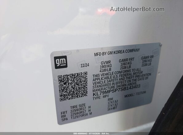 KL79MPSP7SB143403 2025 CHEVROLET TRAILBLAZER White Vista del compartimento del motor