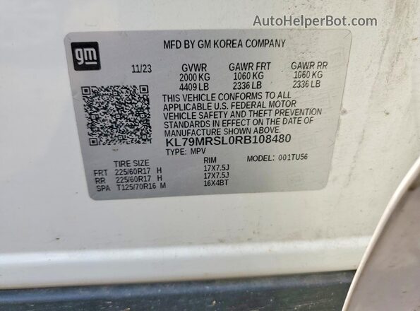 KL79MRSL0RB108480 2024 CHEVROLET TRAILBLAZER White VIN կոդի պիտակի տեսք