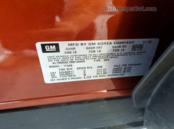 KL79MRSL1MB108609 2021 CHEVROLET TRAILBLAZER Оранжевый Вид наклейки с VIN-кодом