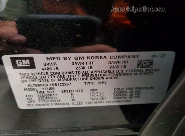 KL79MRSL1NB122267 2022 CHEVROLET TRAILBLAZER Black Widok naklejki z numerem VIN