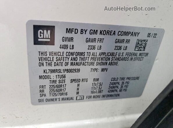 KL79MRSL1PB002939 2023 CHEVROLET TRAILBLAZER Белый Вид наклейки с VIN-кодом